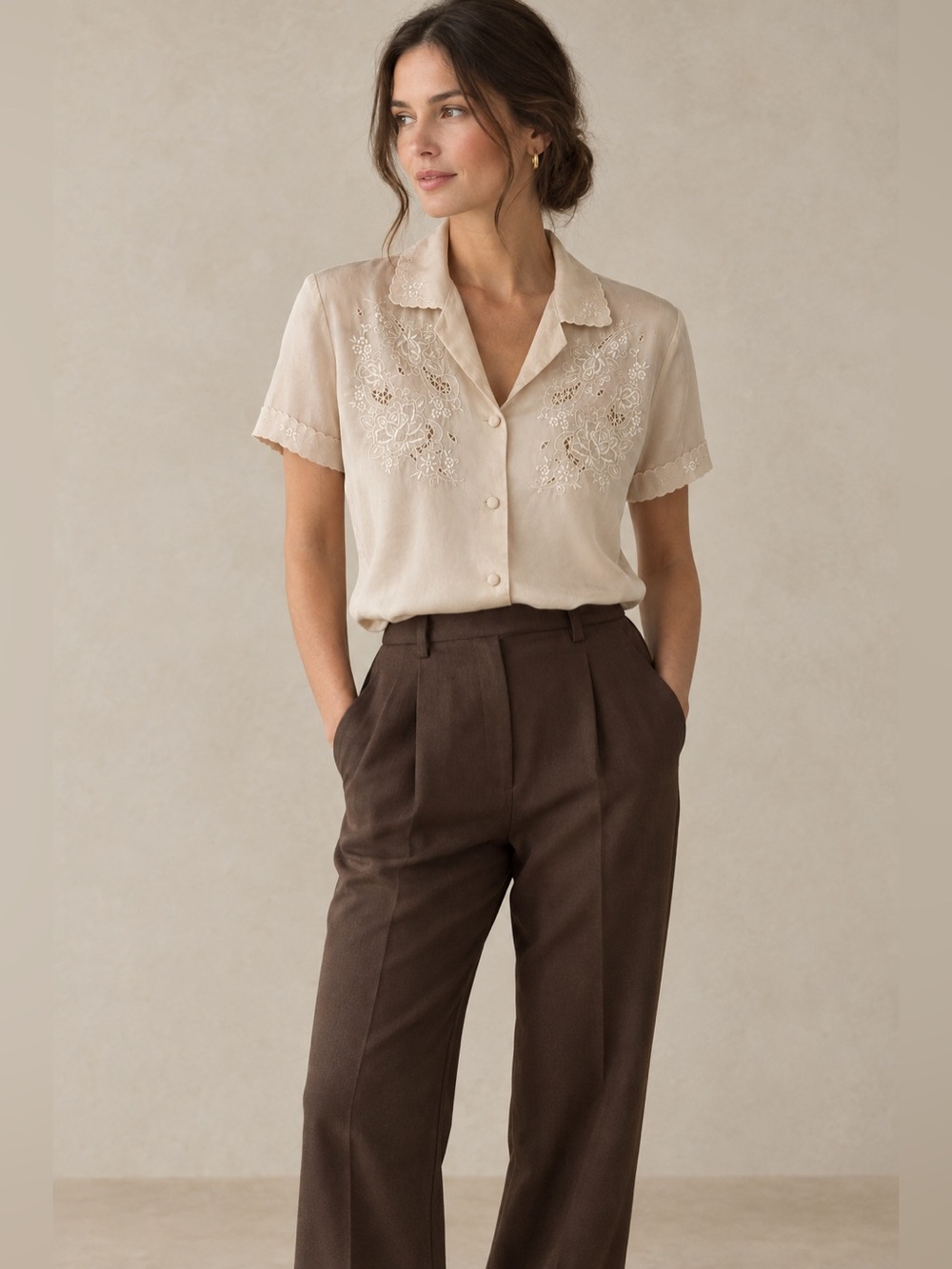 Vintage Daffodil 100% Silk Hand-Embroidered Blouse | Ivory blush Medium Romantic